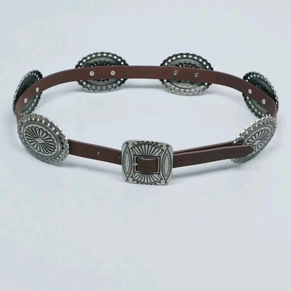 Brown Faux Leather Belt with Silver Concho Accents